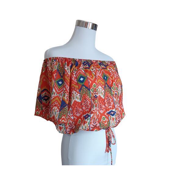 VINTAGE‎ 90s Y2K Crop Top Size Small Loose Fit Orange Blue Aztec Tribal Festival - Picture 3 of 9